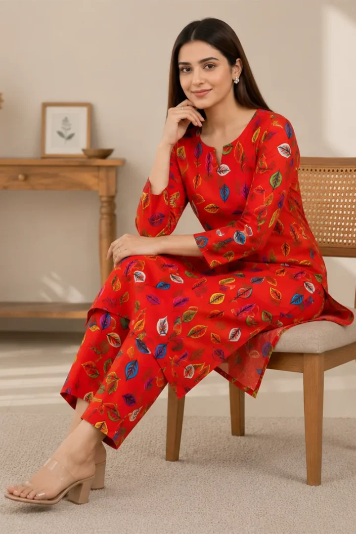 RED PRINTED POLO COTTON 2 PIECE SUIT - Image 3