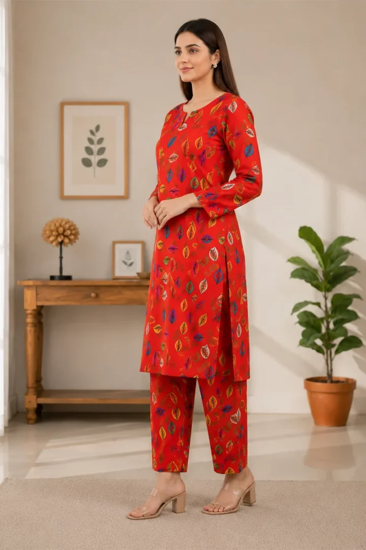 RED PRINTED POLO COTTON 2 PIECE SUIT - Image 4