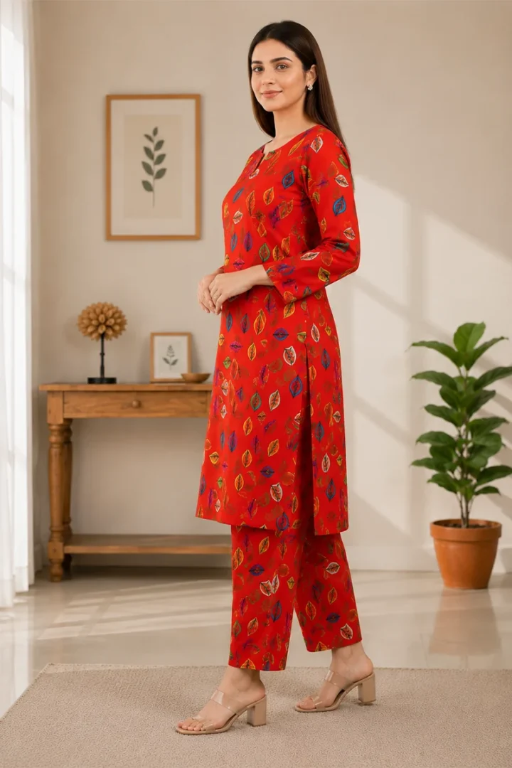 RED PRINTED POLO COTTON 2 PIECE SUIT - Image 5