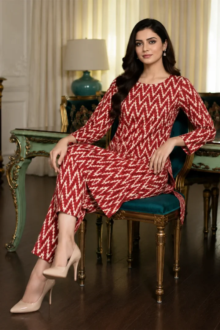 RED PRINTED POLO COTTON 2 PIECE SUIT - Image 3