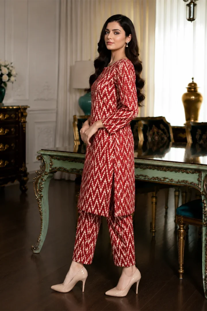 RED PRINTED POLO COTTON 2 PIECE SUIT - Image 5