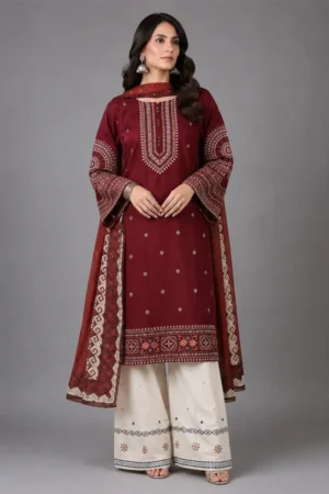 MAROON EMBROIDERED LAWN 3 PIECE SUIT