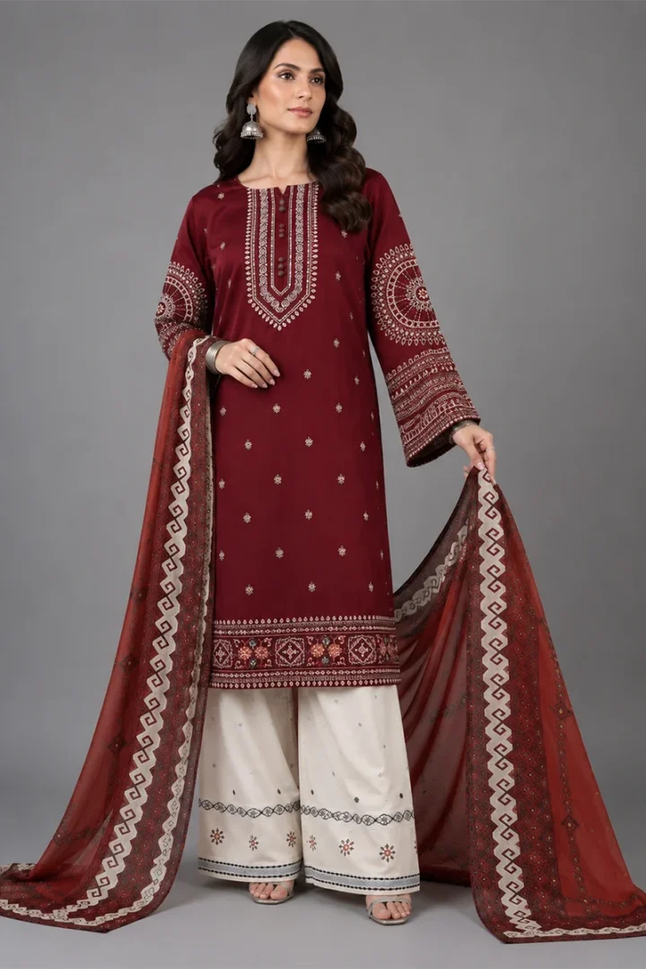 MAROON EMBROIDERED LAWN 3 PIECE SUIT - Image 2