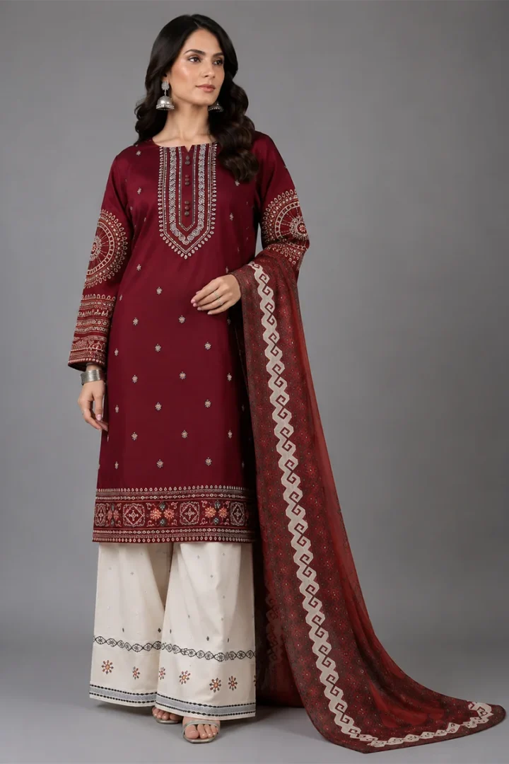 MAROON EMBROIDERED LAWN 3 PIECE SUIT - Image 3