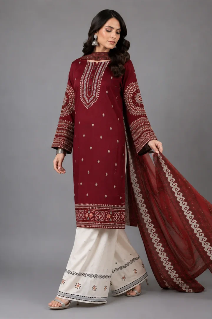 MAROON EMBROIDERED LAWN 3 PIECE SUIT - Image 4