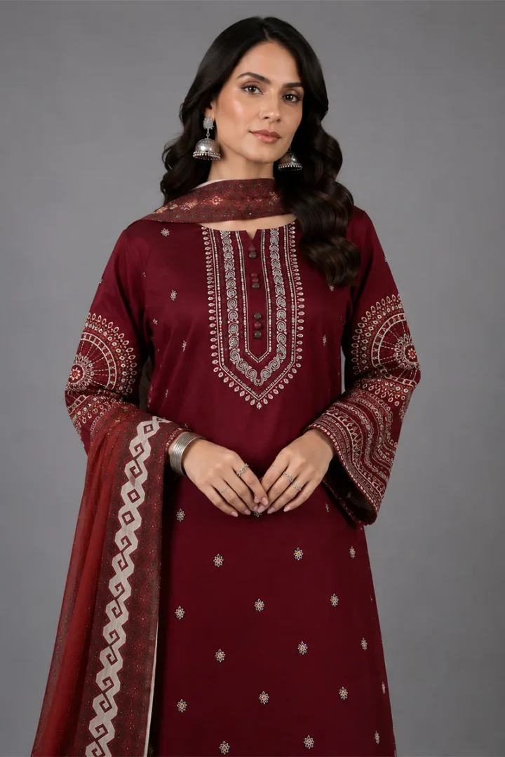 MAROON EMBROIDERED LAWN 3 PIECE SUIT - Image 5