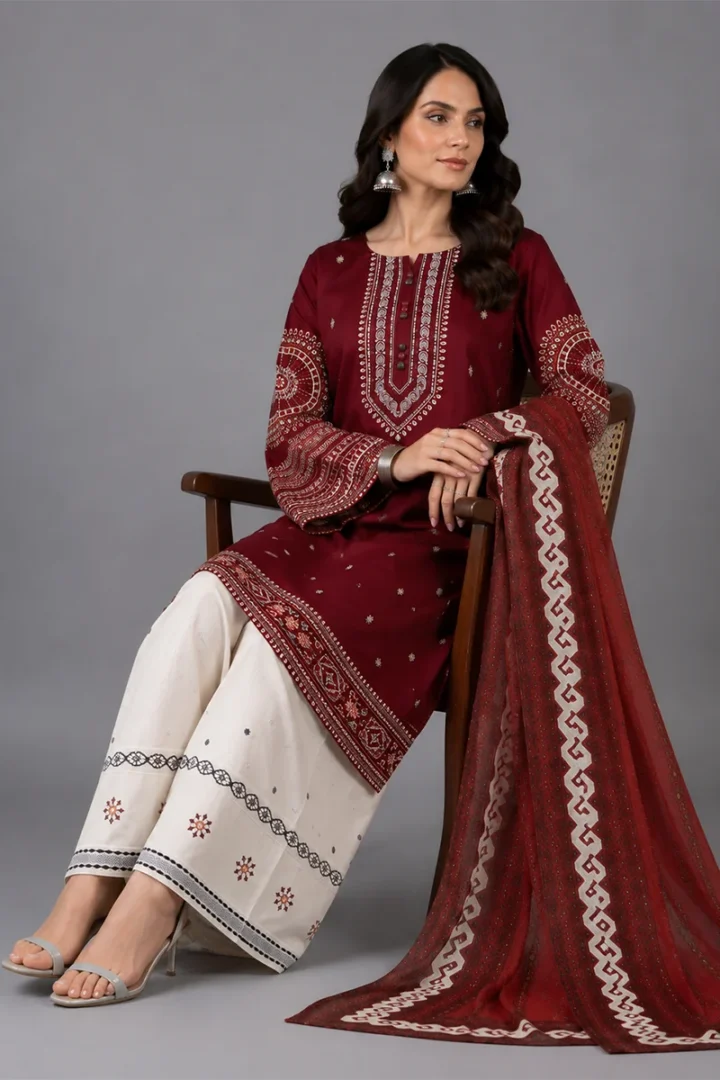 MAROON EMBROIDERED LAWN 3 PIECE SUIT - Image 6
