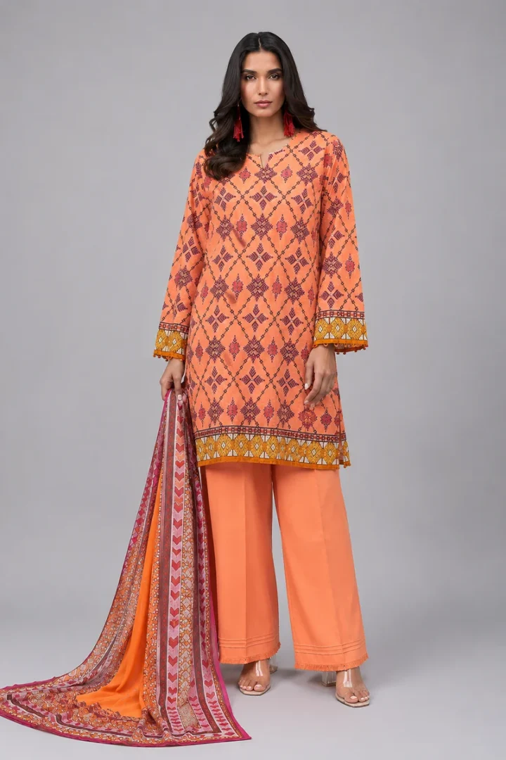 ORANGE PRINTED KHADDAR 3 PIECE SUIT - Image 3