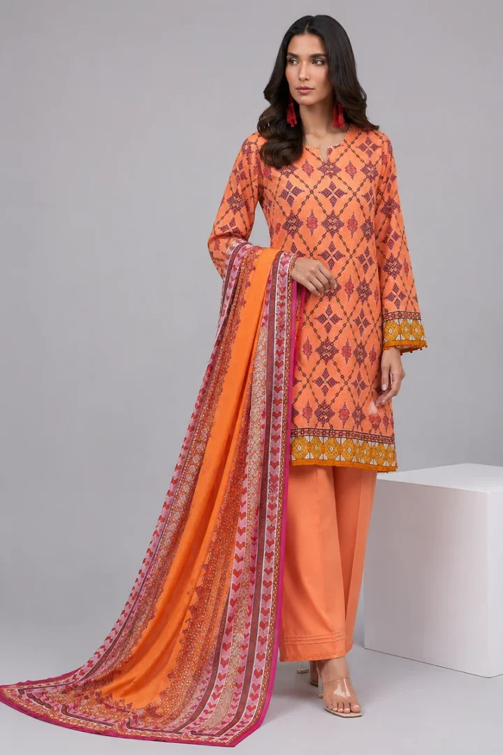 ORANGE PRINTED KHADDAR 3 PIECE SUIT - Image 4