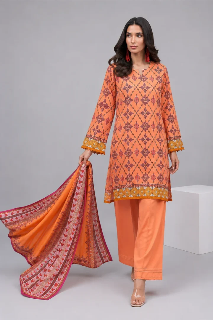 ORANGE PRINTED KHADDAR 3 PIECE SUIT - Image 5