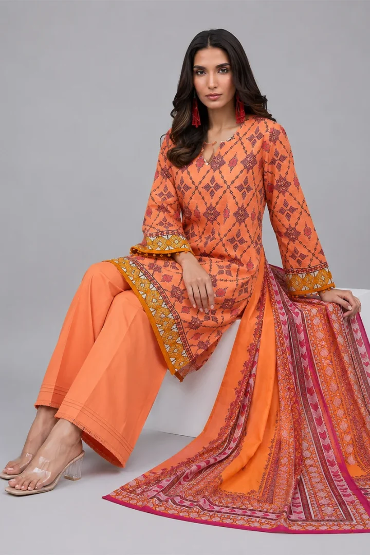 ORANGE PRINTED KHADDAR 3 PIECE SUIT - Image 6